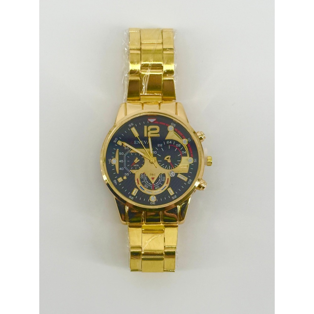Geneva Mens Gold Tone Chronograph Style Watch Black‎ Dial Link Bracelet New